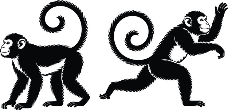 Black monkey vector silhouette illustration set, vintage style wild animal character logo design elements