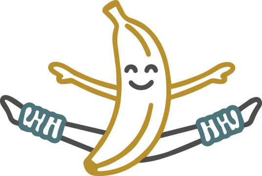 Happy Banana Character Doing Splits with Arms Outstretched