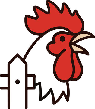 Rooster Crowing Behind White Picket Fence - Simple Vector Illustration