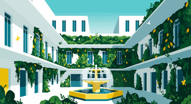 Mediterranean patio illustration with lemon trees climbing white villa walls under a sunny blue sky