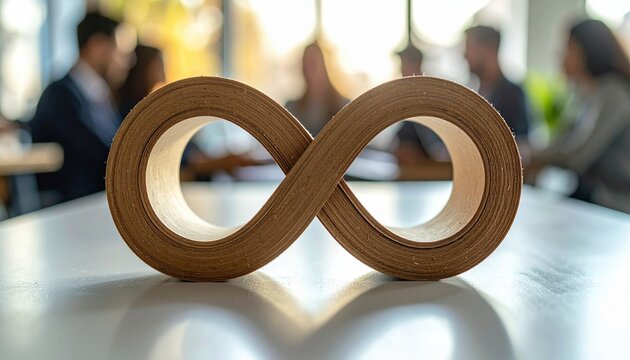 Wooden infinity symbol on meeting table symbolizing business continuity, innovation, sustainability and the endless cycle of corporate growth and evolution
