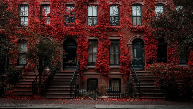 Historic Brownstone Building Facade Covered in Vibrant Red Autumn Ivy