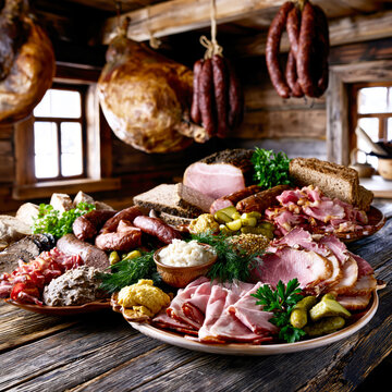Rustic Smoked Meat and Sausage Still Life &ndash; AI Generative