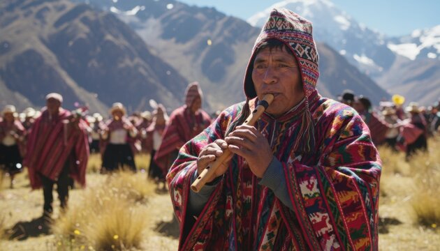 An Andean musician in colorful poncho plays bamboo flute of bamboo wood from Peru during a highland festival at midday, celebrating indigenous culture and harvest tradition
