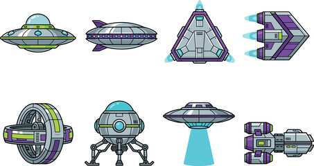Futuristic alien spaceships UFO and sci-fi rocket spacecraft assets flat vector illustration set © MstSuraiya