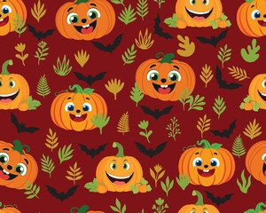 Fototapeta premium Cute halloween pumpkin seamless pattern with smiling Jack O Lanterns, bats and autumn leaves