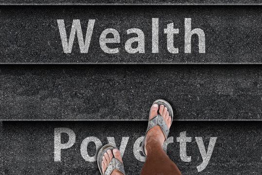 From Poverty to Wealth. Worn Slippers Climbing Stairs Symbolizing Financial Success, Social Mobility, and a Better Future.