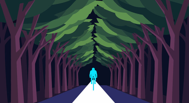 Row of purple trees in dark forest vector illustration at night, minimalist nature landscape