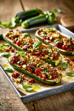 Italian Sausage Stuffed Zucchini Boats with Tomatoes &ndash; AI Generative