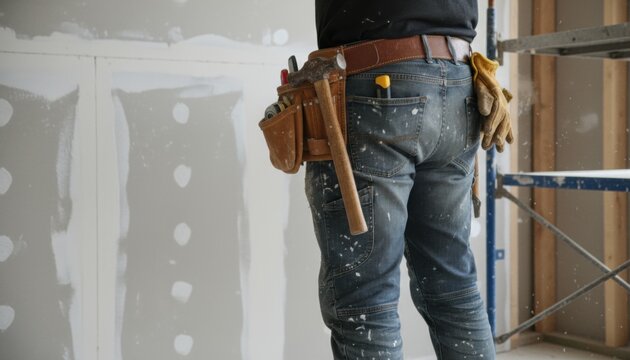 Construction worker wearing leather tool belt with hammer and tools standing against unfinished drywall interior wall speckled with mud joint compound renovation job