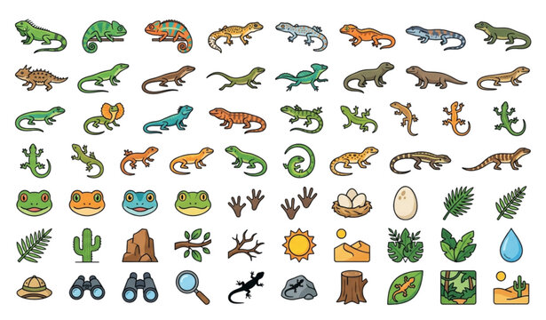 Flat Lizard Icons Collection Chameleon and Iguana Vector Set