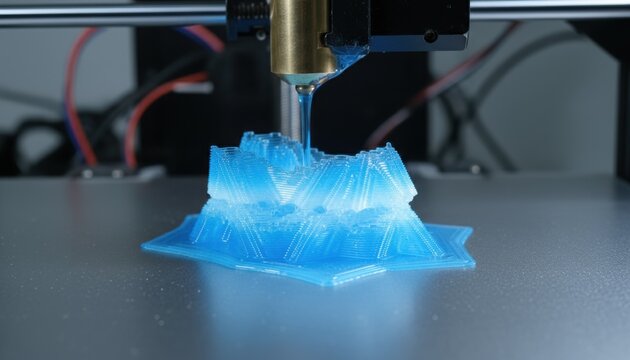 Desktop 3d printer builds abstract blue model layer by layer to illustrate additive manufacturing, rapid prototyping and future of industrial design