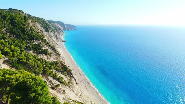 Spectacular Aerial View of Egremni Beach on Lefkada Island, Greece, with Crystal Clear Blue Water, White Cliffs and Ionian Sea