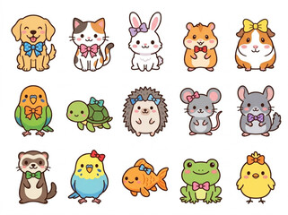 Fototapeta premium Kawaii animal stickers with bows on white background