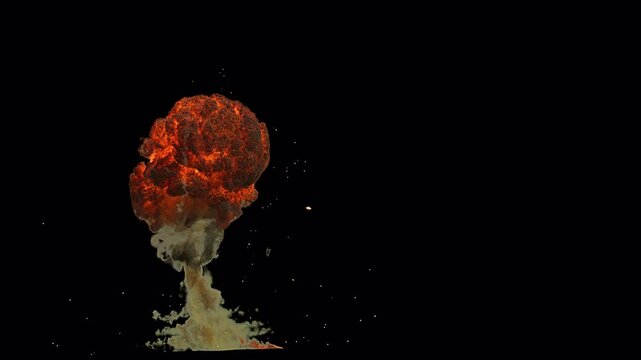 Fiery explosion fireball rising in dark background.