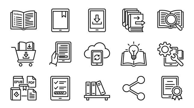 Dynamic Set of Black and White Icons Representing Digital Publishing Ebook Management and Content Creation Processes