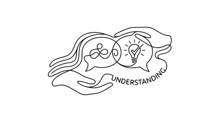 Fototapeta premium Continuous Line Art Hands Holding Speech Bubbles with Lightbulb and Understanding Text