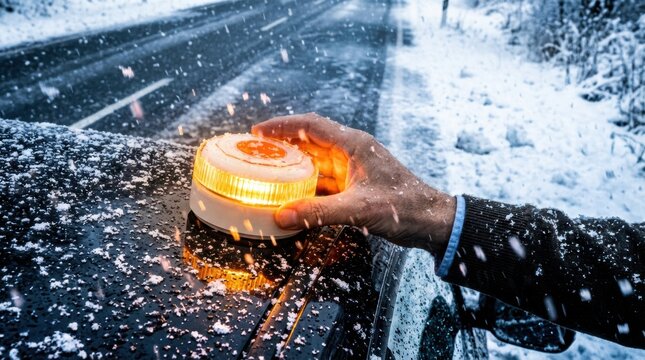 Person places a yellow magnetic emergency light on a vehicle roof during heavy snow fall on a wet winter road with the surrounding landscape covered in snow