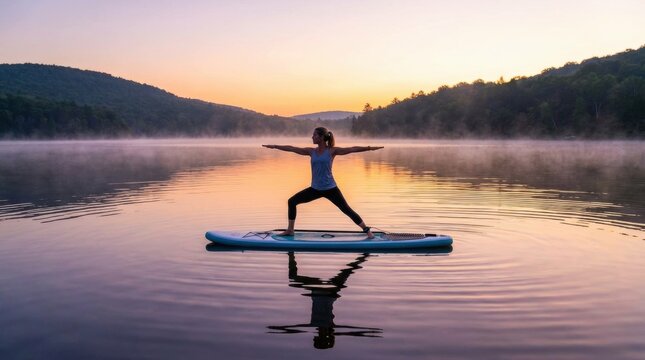 Woman performs a Warrior Two yoga pose on a paddleboard on a calm, misty lake surrounded by forested hills at sunrise or sunset
