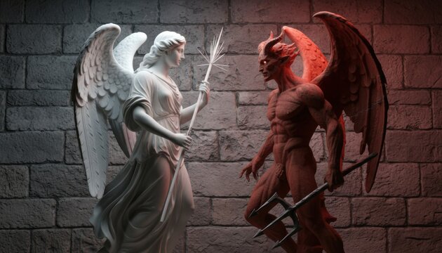White marble angel statue and red devil statue face each other in dramatic lighting against rustic stone wall