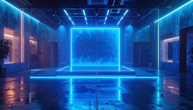 Night studio product display with glowing blue neon lights, transparent acrylic podium and reflective floor, premium mockup scene