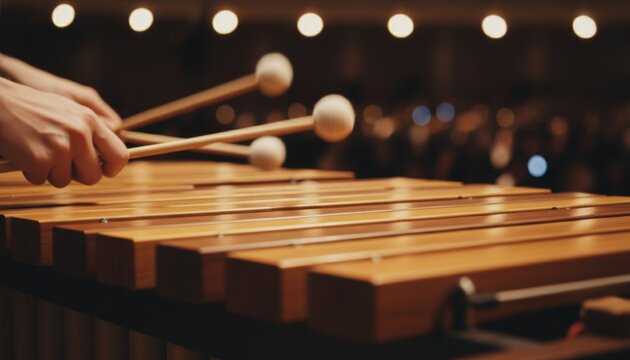 Detailed shot of a percussionist playing a wooden marimba with mallets during a musical concert performance