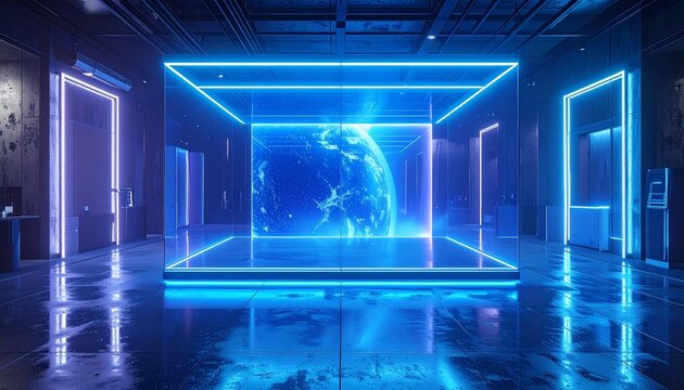 Night studio product display with glowing blue neon lights, transparent acrylic podium and reflective floor, premium mockup scene