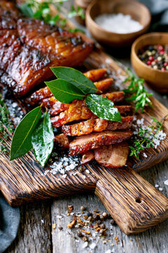 Smoked Pork Loin Sliced on Rustic Wooden Board AI Generative