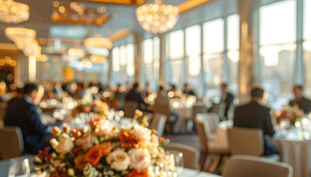 Floral centerpiece on a dining table at an upscale reception event with guests blurred in a sunlit luxury ballroom