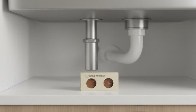 Home Protect brand pest control bait box placed on white shelf under metal kitchen sink pipes for insect prevention