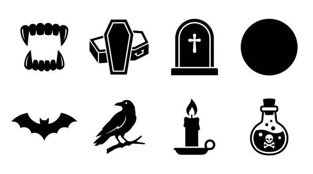 Halloween spooky icons including vampire teeth coffin and gravestone