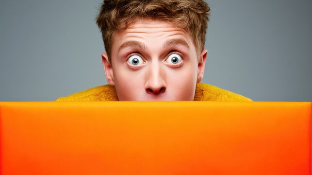 Young man's eyes widen in shock over orange object
