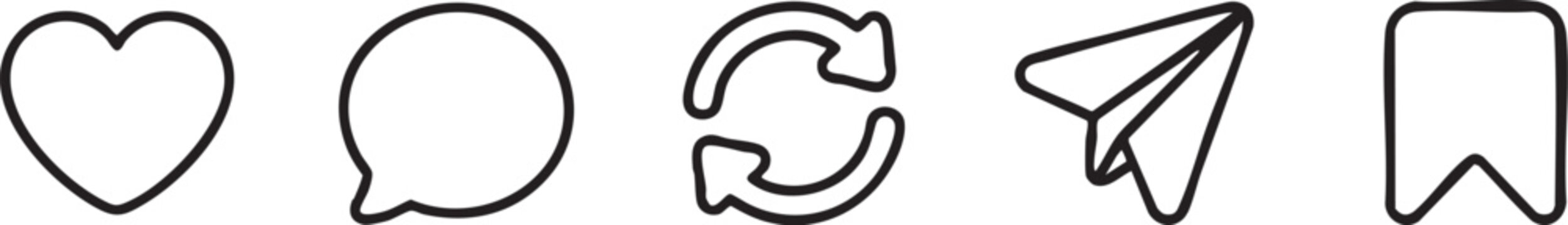 Vector graphic illustration of simple line icons including heart, speech bubble, recycle symbol, paper airplane, and bookmark