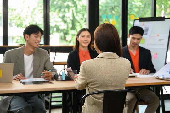 Executive Board Human Resources New Employee Interview with Asian Business Team in Modern Office