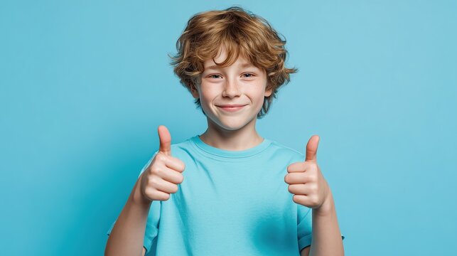 Cheerful young boy in a blue t-shirt showing thumbs up with both hands. Represents excellence, great school results, and winning attitude for kids.