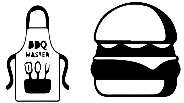 Minimalist BBQ master apron and hamburger icon set, black and white grilling vector illustrations, barbecue party and cookout graphic elements