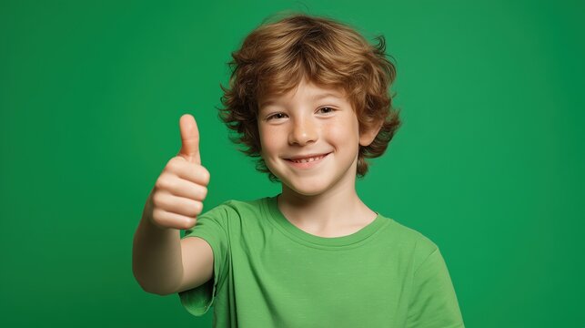 A smiling child with curly hair shows a thumbs up in a green t-shirt against a bright background. Concept of success, approval, positive feedback, and childhood joy.