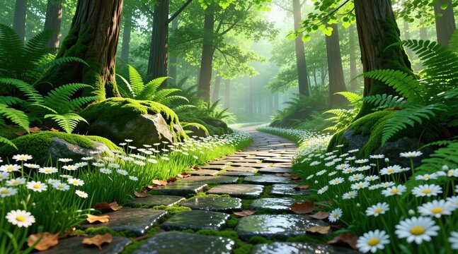 Stone pathway winds through lush green forest with sunlight filtering through trees. White daisies bloom along the sides of the wet path. Moss covers rocks and tree trunks.