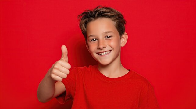 A smiling child in a red t-shirt shows a thumbs up against a vibrant backdrop. Concept of success, positive approval, and energetic childhood joy.
