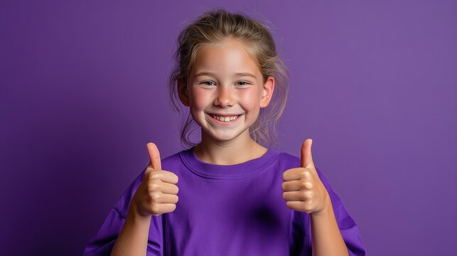 A smiling child in a violet t-shirt gives two thumbs up in a studio. Concept of success, approval, positive feedback, and childhood joy.