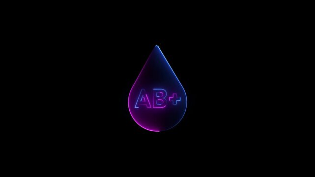 Neon ab positive type glowing on black background, medical science motion healthcare