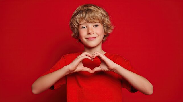 Portrait of a cheerful kid gesturing a heart sign against a vibrant red backdrop. Represents emotional intelligence, family support, and sincere childhood feelings.