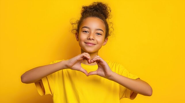 A smiling young girl in a yellow t-shirt forms a heart symbol with her fingers. Concept of love, kindness, and positive emotional well-being in childhood.