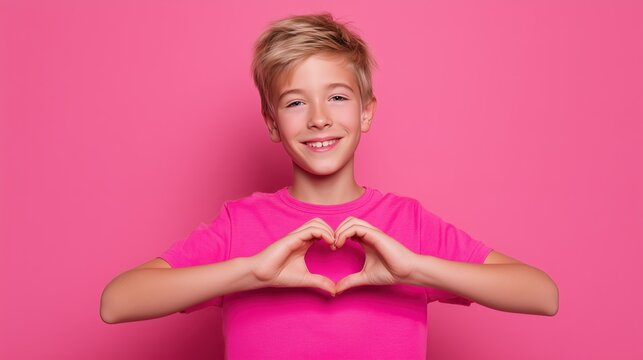 A smiling child in a pink t-shirt forms a heart symbol with his fingers against a vibrant backdrop. Concept of love, kindness, and positive childhood emotions.