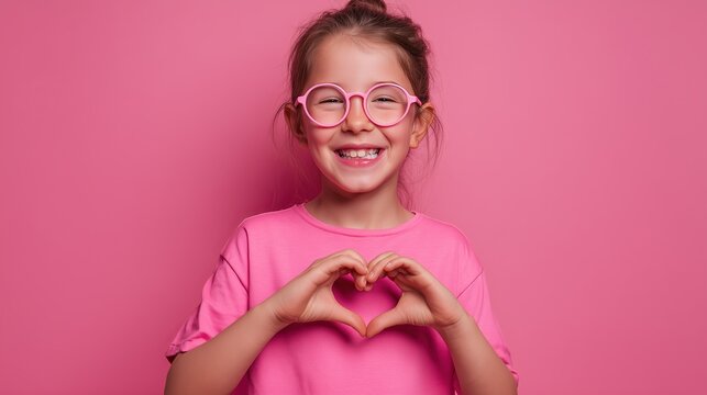 A happy young girl wears stylish pink glasses and forms a heart symbol with her hands. Concept of vision health, pediatric ophthalmology, and loving your eyes.