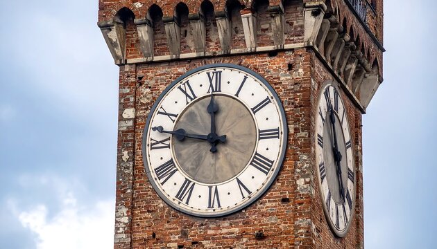 Historic Brick Clock Tower Showing Roman Numerals Against Cloudy Sky