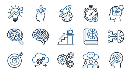 Creative Blue Line Icons Set Featuring Brain Innovation Technology and Growth Concepts for Digital Marketing © Reza