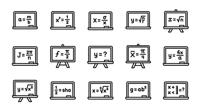 Creative Black and White of Mathematical Equations on Chalkboards for Educational Use with high quality professional line art symbols for modern creative design and digital branding projects