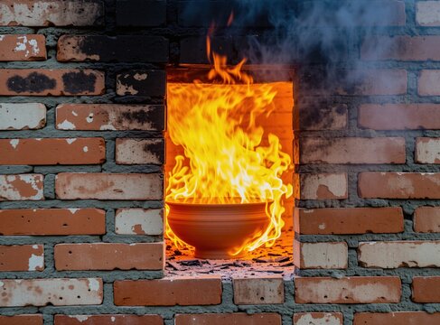 Ceramic bowl is fired inside brick kiln with bright orange flames. Smoke rises from the hot oven, showing earthenware creation process. Heat and light emanate from the chamber.