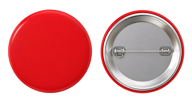 Blank red round button badge, front and back view with metal pin isolated on transparent background